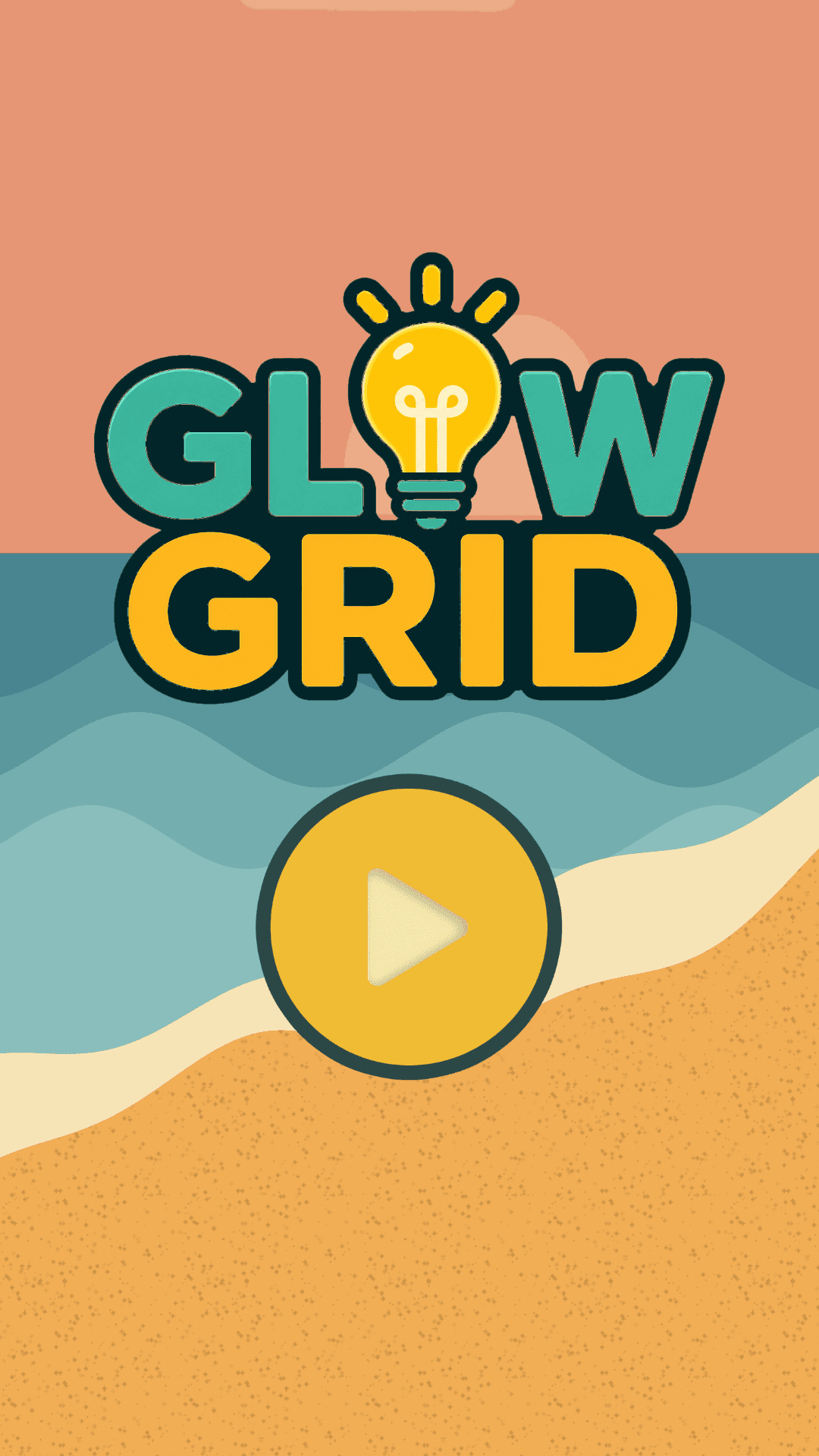 GlowGrid home screen with the coastal world and play button
