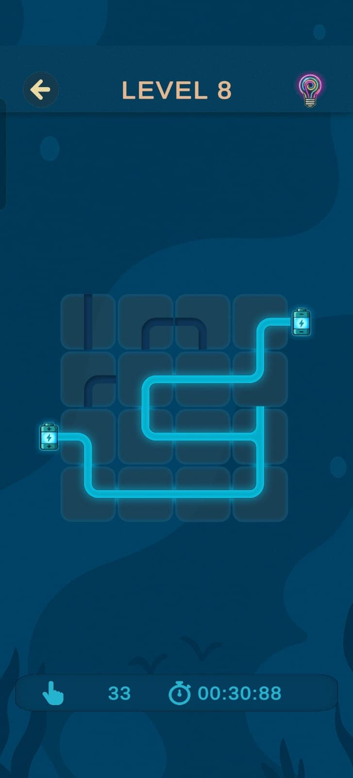 A completed cyan energy circuit in GlowGrid level 8